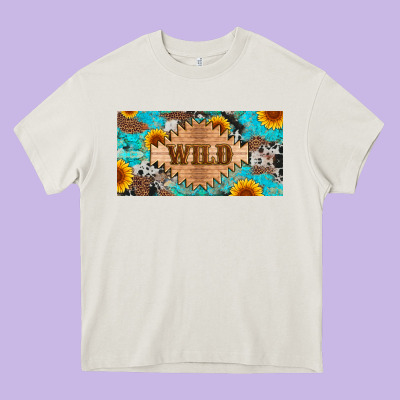 Western Wild And Sunflower Leopard Turquoise Cowhide Licanse Plate Heavy Core Tee Designed By Artiststas