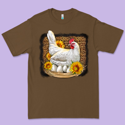 Perched Chicken With Sunflowers Leopard Background Premium Tee Designed By Lillyallendesigns