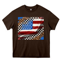 Chocolate Brown American flag and race flag Heavy Core Tee - AdoDesignShop