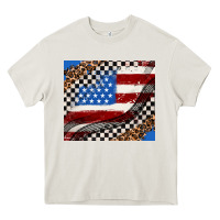 Cream American flag and race flag Heavy Core Tee - AdoDesignShop