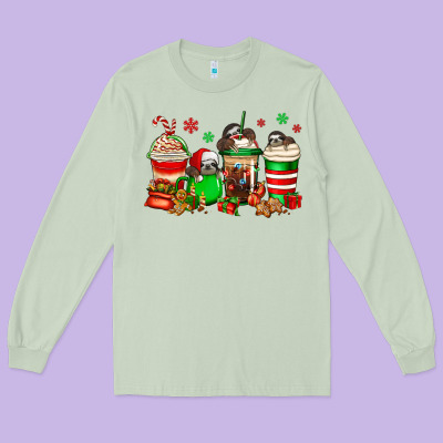 Christmas Sloth Coffee Cups Long Sleeve Tee Designed By Jasminsmagicworld