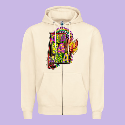 Mardi Gras Alabama Map Zipper Hoodie Designed By Cowgirlartshop