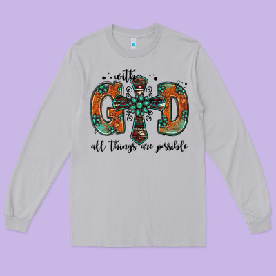 With God All Things Are Possible Gemstone Cross Long Sleeve Tee Designed By Jasminsmagicworld