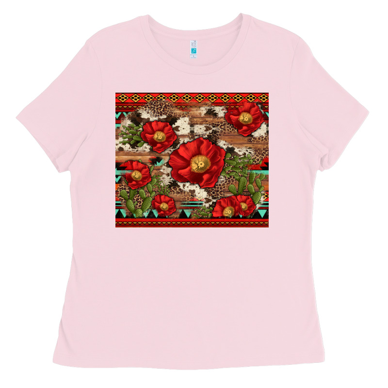 Red Flower And Cactus With Cowhide And Aztec Ladies Tee by Artiststas | Teevron