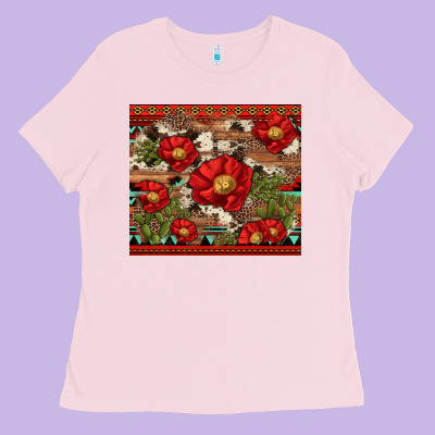 Red Flower And Cactus With Cowhide And Aztec Ladies Tee Designed By Artiststas