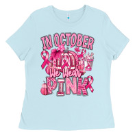 Baby Blue in october we wear pink american football Ladies Tee - RanaPortraitStore