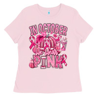 Bubblegum Pink in october we wear pink american football Ladies Tee - RanaPortraitStore