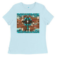 Baby Blue gemstone and cross with cowhide Ladies Tee - Artiststas