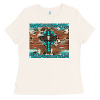 Bone gemstone and cross with cowhide Ladies Tee - Artiststas