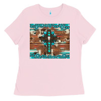 Bubblegum Pink gemstone and cross with cowhide Ladies Tee - Artiststas