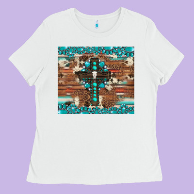 Gemstone And Cross With Cowhide Ladies Tee Designed By Artiststas