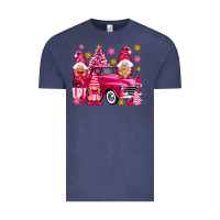 Vintage Denim Pink christmas gnomes truck Vintage Tee - NancyCooperArtShop