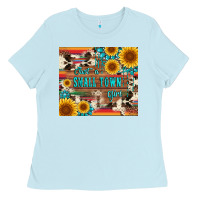 Baby Blue just a small town girl with gemstone sunflower serape and cowhide Ladies Tee - Artiststas