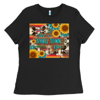 Black just a small town girl with gemstone sunflower serape and cowhide Ladies Tee - Artiststas
