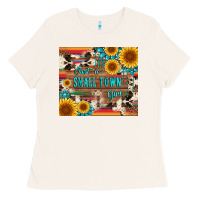 Bone just a small town girl with gemstone sunflower serape and cowhide Ladies Tee - Artiststas