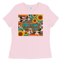 Bubblegum Pink just a small town girl with gemstone sunflower serape and cowhide Ladies Tee - Artiststas