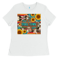 White just a small town girl with gemstone sunflower serape and cowhide Ladies Tee - Artiststas