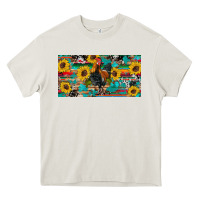 Western Coop Animals Rooster Sunflowers Cowhide Wooden Serape Glitter Heavy Core Tee | Teevron