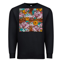 Black Western Landrace Pig With Sunflowers Seamless Premium Sweatshirt - FaDigitalArtStudio