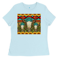 Baby Blue bull skulls gemstones and cactus with leopard and aztec Ladies Tee - Artiststas