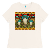 Bone bull skulls gemstones and cactus with leopard and aztec Ladies Tee - Artiststas