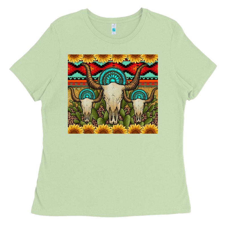 Bull Skulls Gemstones And Cactus With Leopard And Aztec Ladies Tee by Artiststas | Teevron