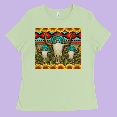 Bull Skulls Gemstones And Cactus With Leopard And Aztec Ladies Tee Designed By Artiststas