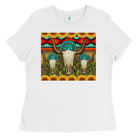 White bull skulls gemstones and cactus with leopard and aztec Ladies Tee - Artiststas