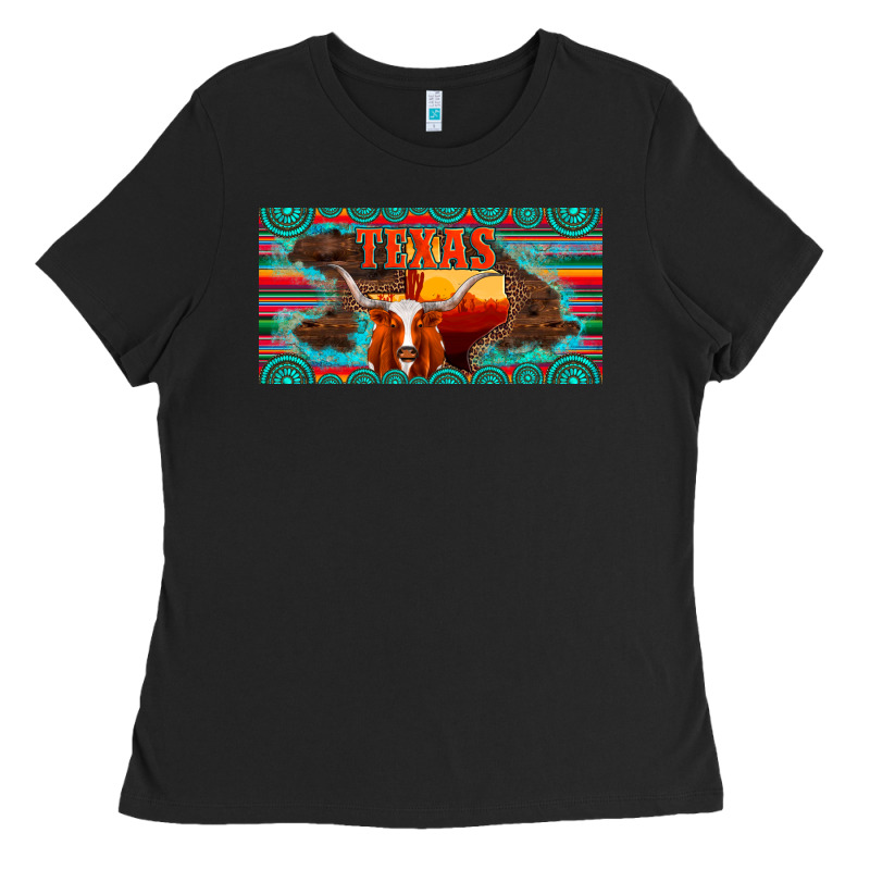 Texas And Map With Longhorn Serape Gemstone Licanse Plate Ladies Tee by Artiststas | Teevron
