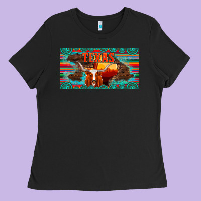 Texas And Map With Longhorn Serape Gemstone Licanse Plate Ladies Tee Designed By Artiststas