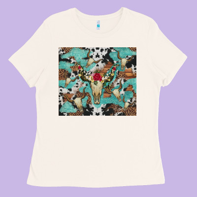 Bull Skull Flowers Cowhides And Leopard Ladies Tee Designed By Artiststas