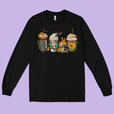 Bull Skull Western Coffee Cups Long Sleeve Tee Designed By Jasminsmagicworld