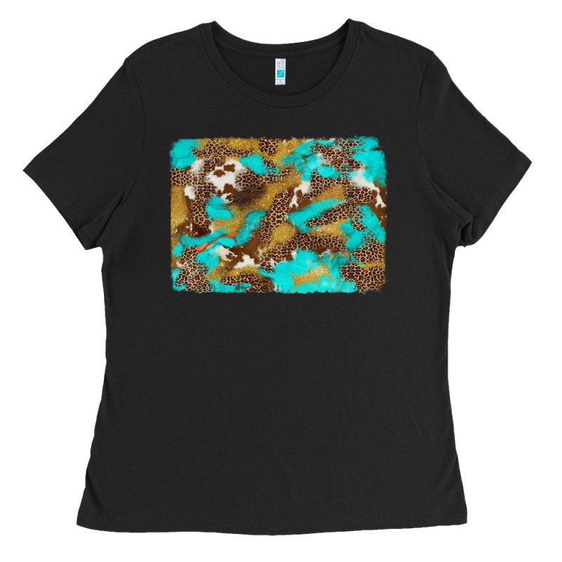 Western Turquoise Leopard And Cowhide Background Ladies Tee by Artiststas | Teevron