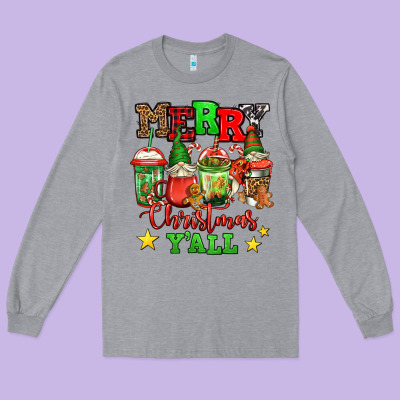 Merry Christmas Y'all Gnome Coffee Long Sleeve Tee Designed By Jasminsmagicworld