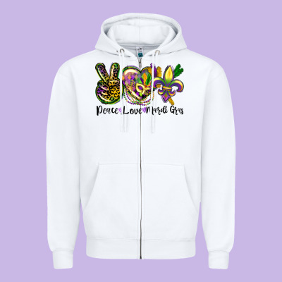 Peace Love Mardi Gras Zipper Hoodie Designed By Cowgirlartshop