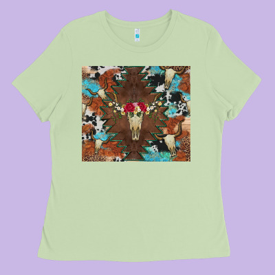 Western Floral Bullskull Cowhide And Leopard Ladies Tee Designed By Artiststas