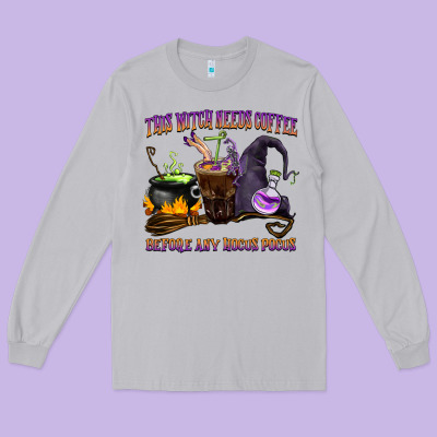 This Witch Needs Coffee Before Any Hocus Pocus Long Sleeve Tee Designed By Barkaloodesign