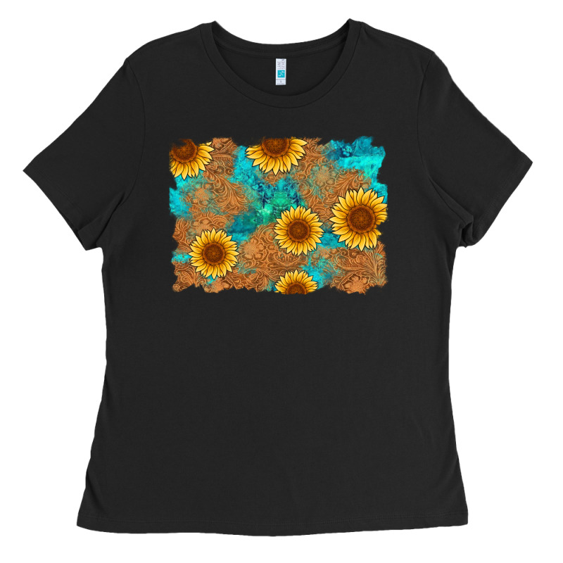 Sunflower Turquoise And  Leather Background Ladies Tee by Artiststas | Teevron