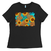 Black sunflower turquoise and  leather background Ladies Tee - Artiststas