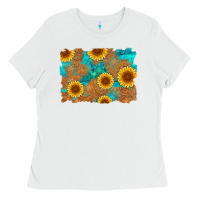 White sunflower turquoise and  leather background Ladies Tee - Artiststas