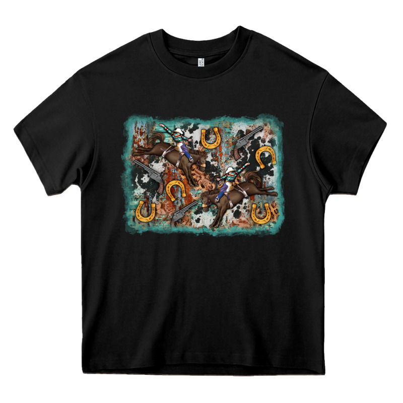 Bucking Bronco Rodeo Revolver Western Background Heavy Core Tee by AdoDesignShop | Teevron