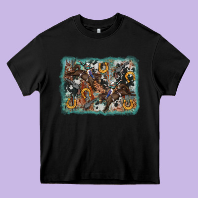 Bucking Bronco Rodeo Revolver Western Background Heavy Core Tee Designed By Adodesignshop
