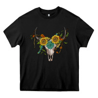 Black boho bullskull with sunflower and gemstone Heavy Core Tee - Artiststas