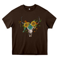 Chocolate Brown boho bullskull with sunflower and gemstone Heavy Core Tee - Artiststas