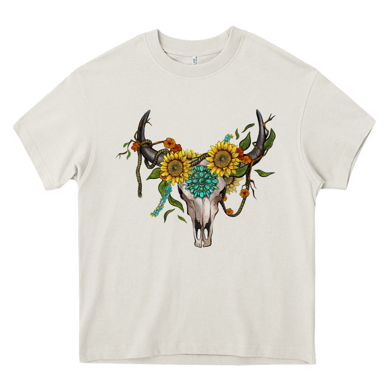 Boho Bullskull With Sunflower And Gemstone Heavy Core Tee by Artiststas | Teevron