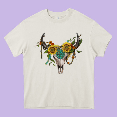 Boho Bullskull With Sunflower And Gemstone Heavy Core Tee Designed By Artiststas