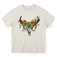 Cream boho bullskull with sunflower and gemstone Heavy Core Tee - Artiststas
