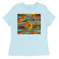 Baby Blue sunflower serape wood and cowhide Ladies Tee - Artiststas