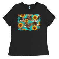 Sunflower And Cowhides With Wood And Turquoise Background Ladies Tee | Teevron