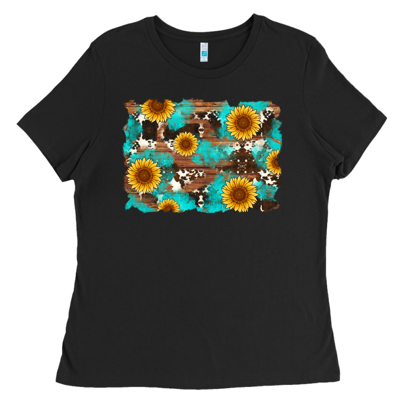 Sunflower And Cowhides With Wood And Turquoise Background Ladies Tee by Artiststas | Teevron